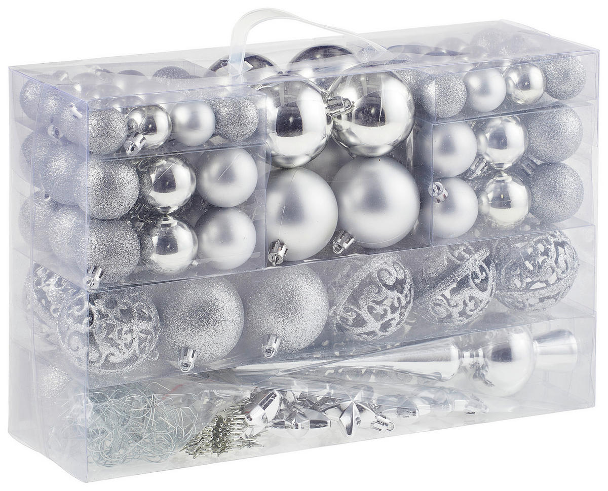 CHRISTBAUMKUGEL-SET 111-teilig  - Silberfarben, Trend, Kunststoff (36/23/12cm) - X-Mas