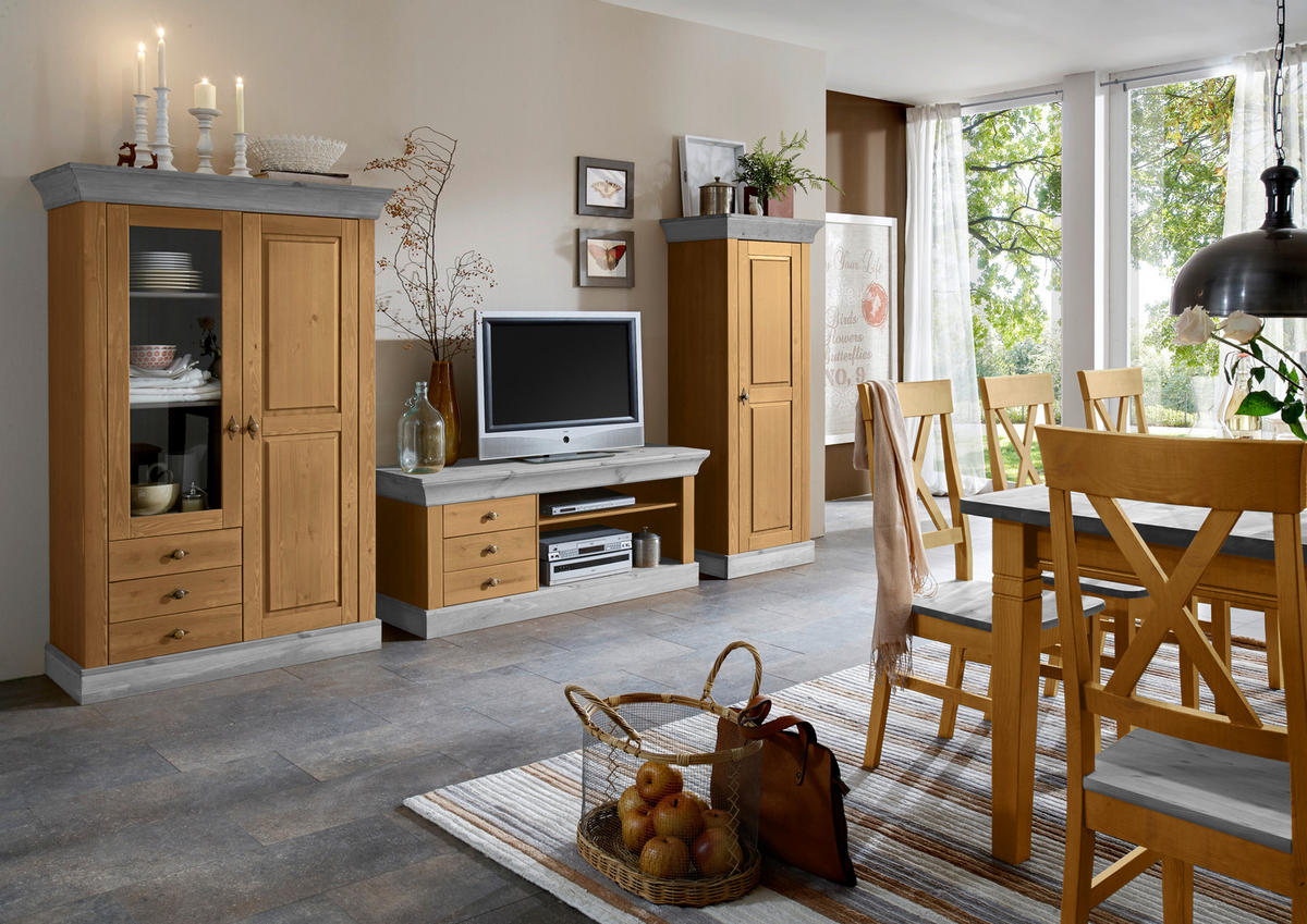 VITRINE  in massiv Kiefer Grau, Laugenfarbig  - Laugenfarbig/Grau, ROMANTIK / LANDHAUS, Glas/Holz (108/163/45cm) - Boxxx