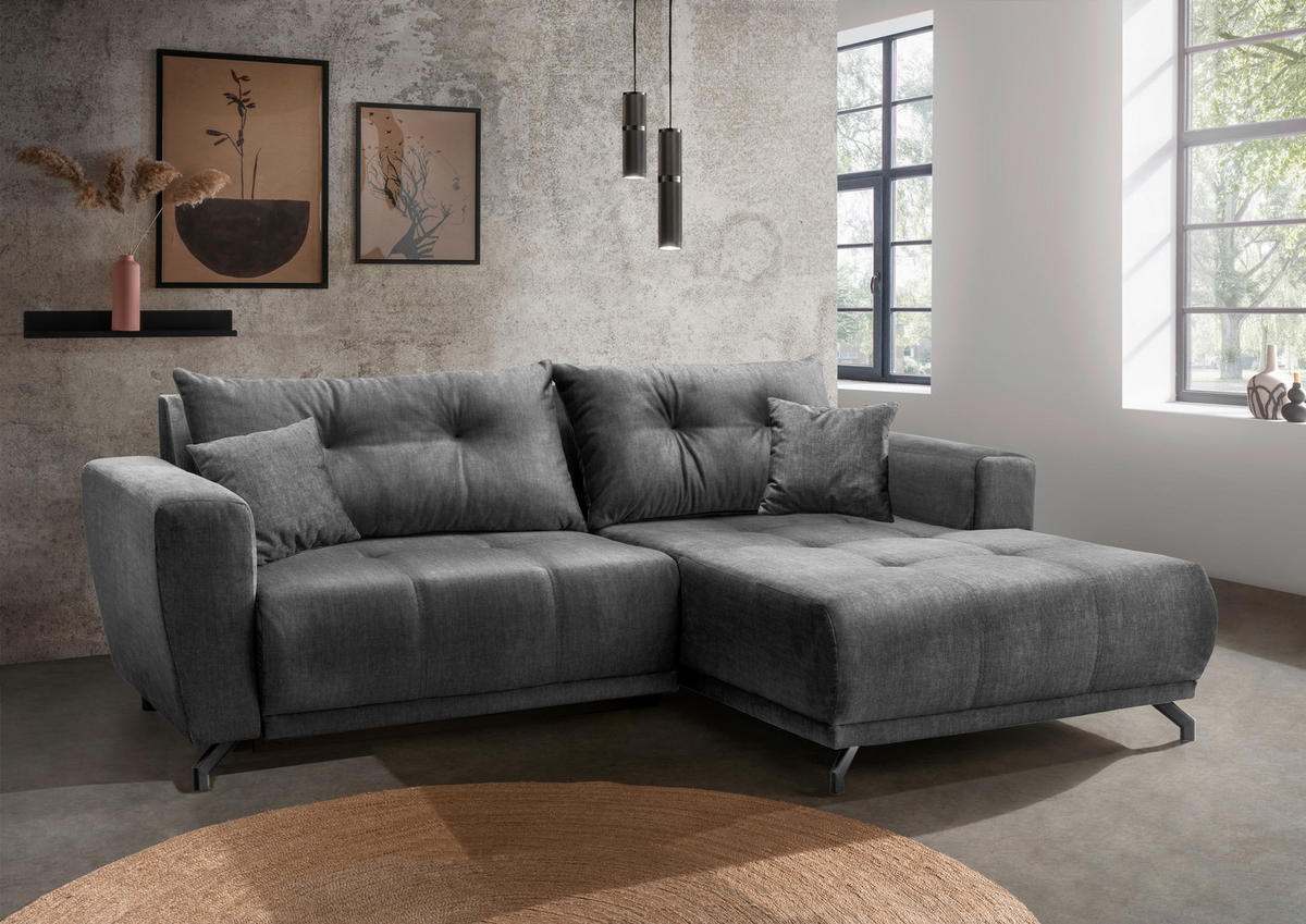 ECKSOFA in Velours Dunkelgrau  246/177 cm  - Dunkelgrau/Schwarz, MODERN, Textil/Metall (246/177cm) - MID.YOU