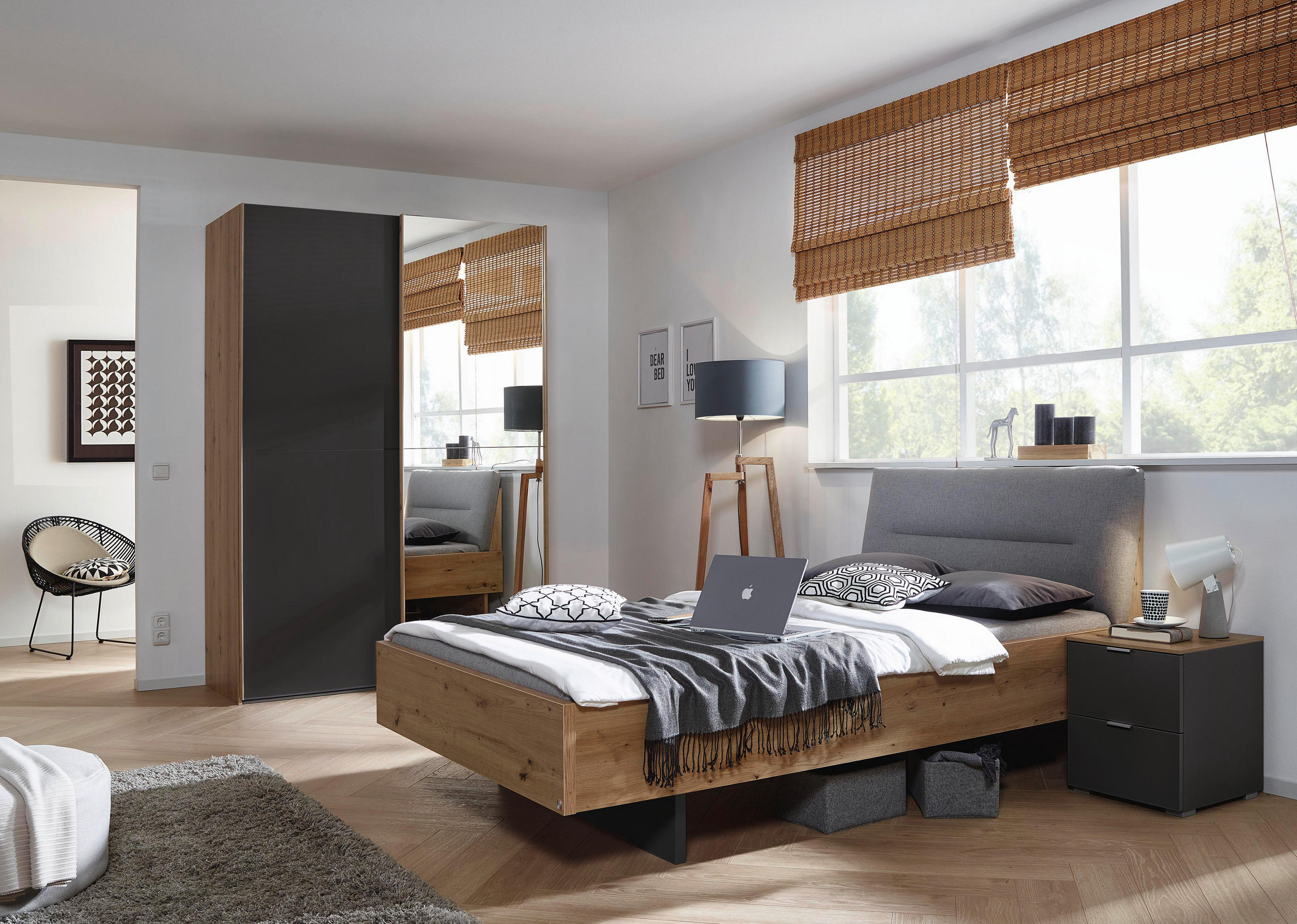 BETT 140/200 cm Graphitfarben, Grau, Eiche Artisan  - Graphitfarben/Eiche Artisan, Trend, Textil (140/200cm) - Stylife