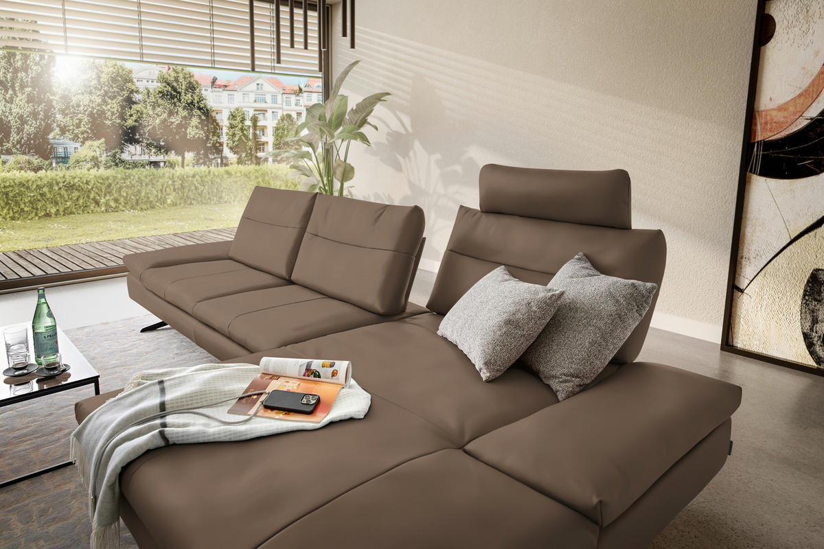 ECKSOFA in Echtleder Hellbraun  - Hellbraun/Schwarz, Modern, Leder/Metall (342/158cm) - Chilliano