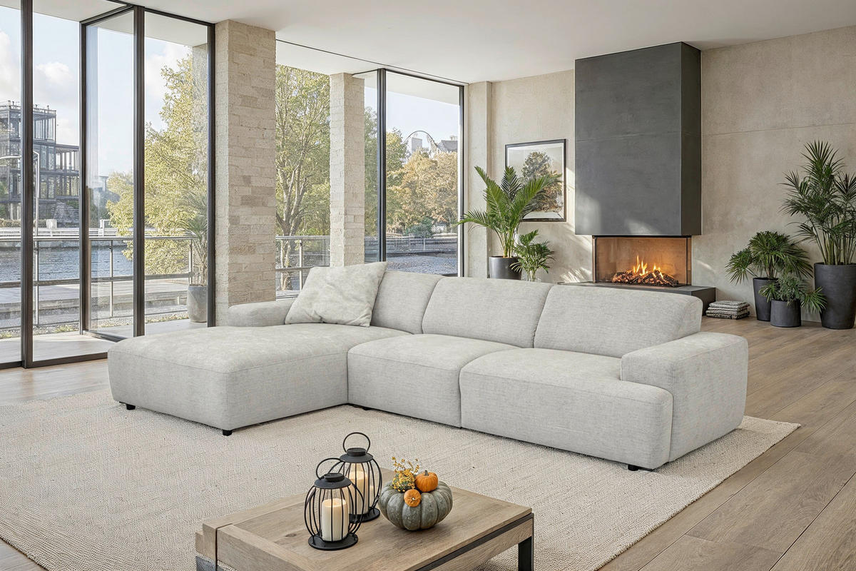 ECKSOFA Silberfarben Flachgewebe Rücken echt  - Silberfarben/Schwarz, KONVENTIONELL, Kunststoff/Textil (184/294cm) - Hom`in