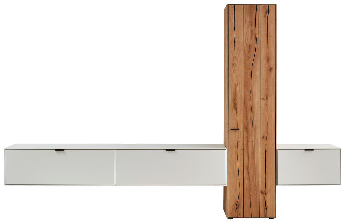 WOHNWAND 3-teilig  in Weiß, Eichefarben  320,7/205,5/37,1 cm   - Eichefarben/Weiß, Design, Glas/Holz (320,7/205,5/37,1cm) - Dieter Knoll
