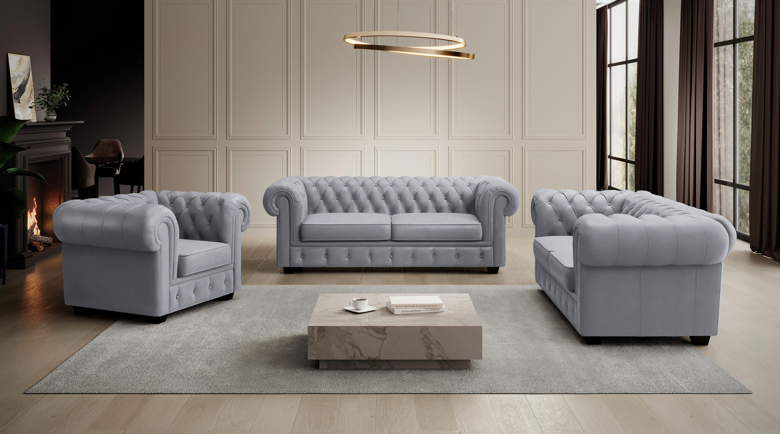CHESTERFIELD-SOFA in Webstoff Hellgrau  - Wengefarben/Hellgrau, Lifestyle, Holz/Textil (180/76,5/96cm) - Landscape