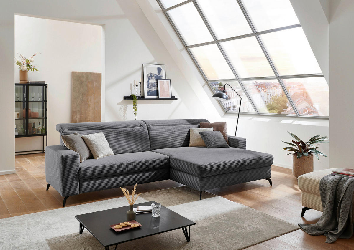 ECKSOFA in Cord Grau  - Schwarz/Grau, Konventionell, Textil/Metall (290/178cm) - Sit & More