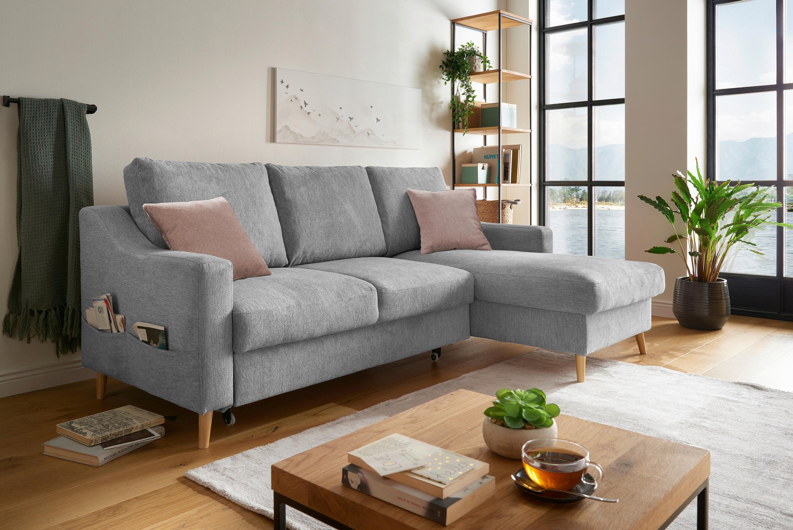 ECKSOFA Grau Mikrofaser  - Dunkelrosa/Naturfarben, Design, Holz/Textil (228/150cm) - MID.YOU