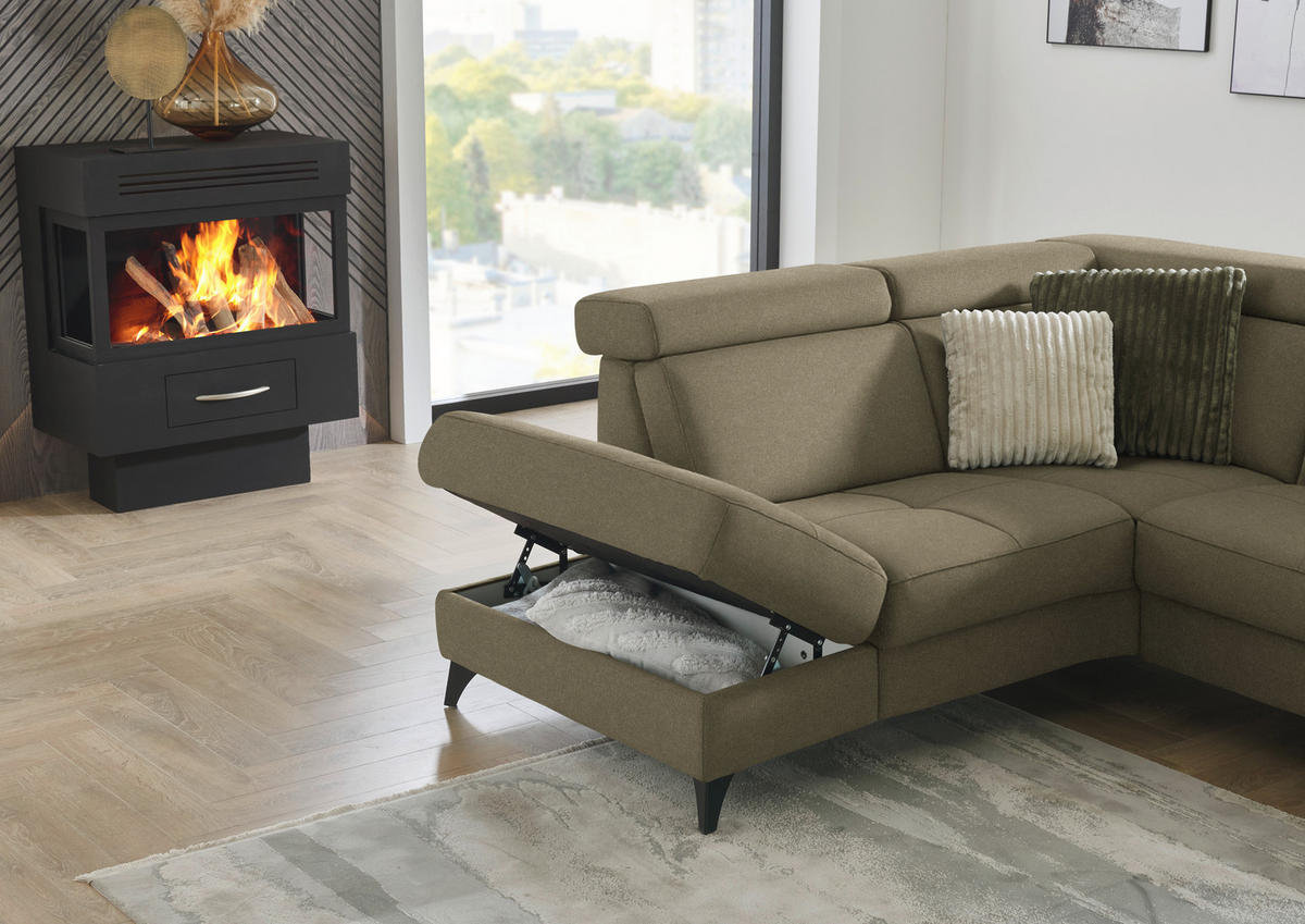 ECKSOFA Flachgewebe Graugrün  - Schwarz/Graugrün, Konventionell, Textil/Metall (214/276cm) - Beldomo System