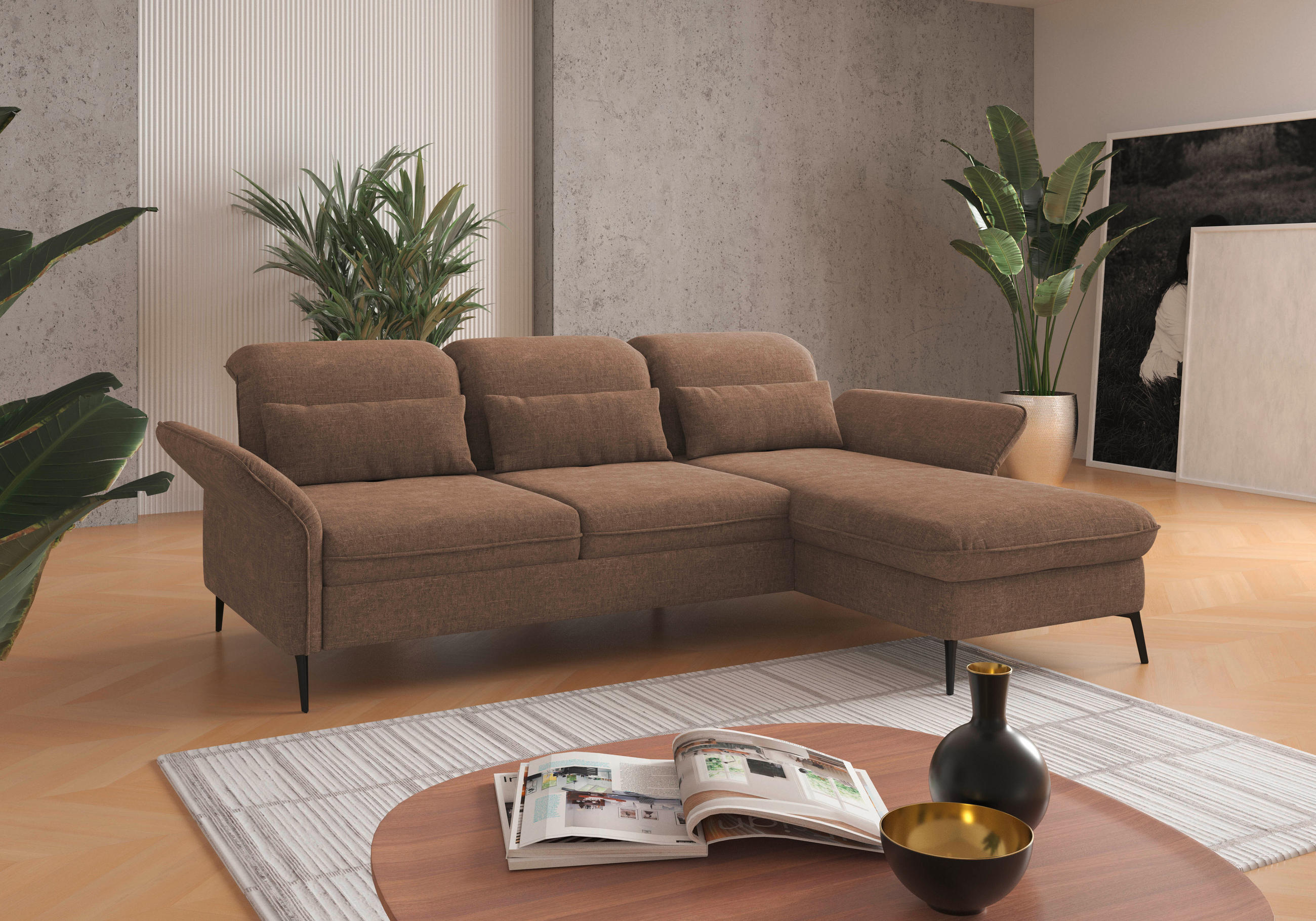 ECKSOFA in Flachgewebe Hellbraun  264/198 cm  - Hellbraun/Schwarz, KONVENTIONELL, Textil/Metall (264/198cm) - Sit & More