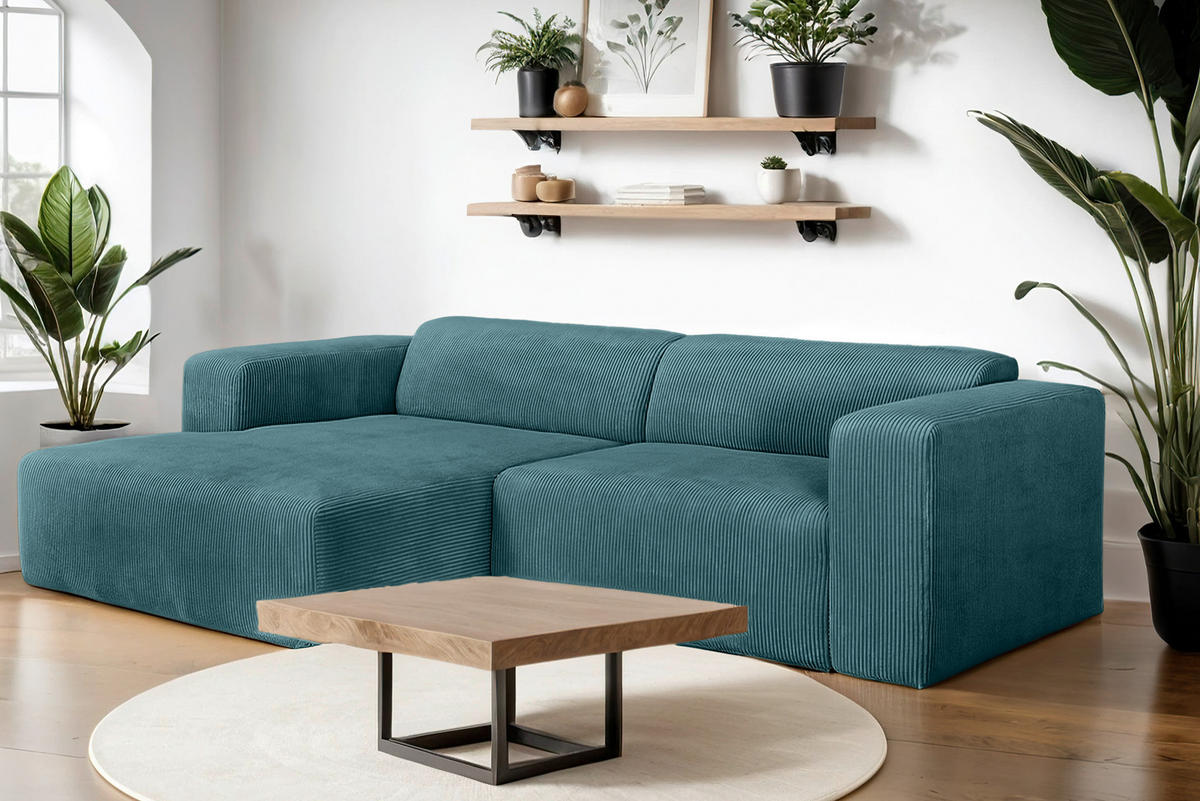 ECKSOFA BASMA in Cord Petrol  175/298 cm  - Petrol/Schwarz, Design, Kunststoff/Textil (175/298cm) - P & B