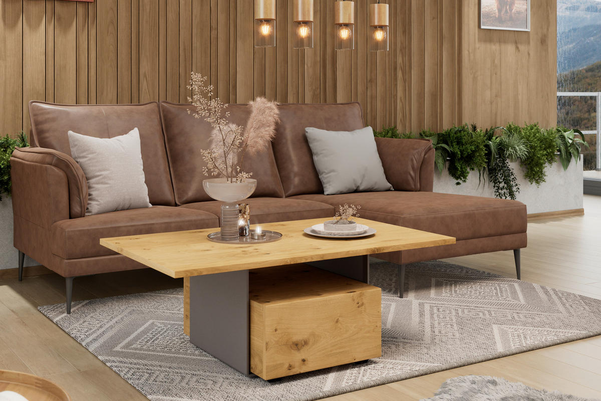 COUCHTISCH Wildeiche furniert, massiv 115/70/43 cm rechteckig Anthrazit, Eichefarben  - Eichefarben/Anthrazit, Natur, Holz/Metall (115/70/43cm) - Voglauer