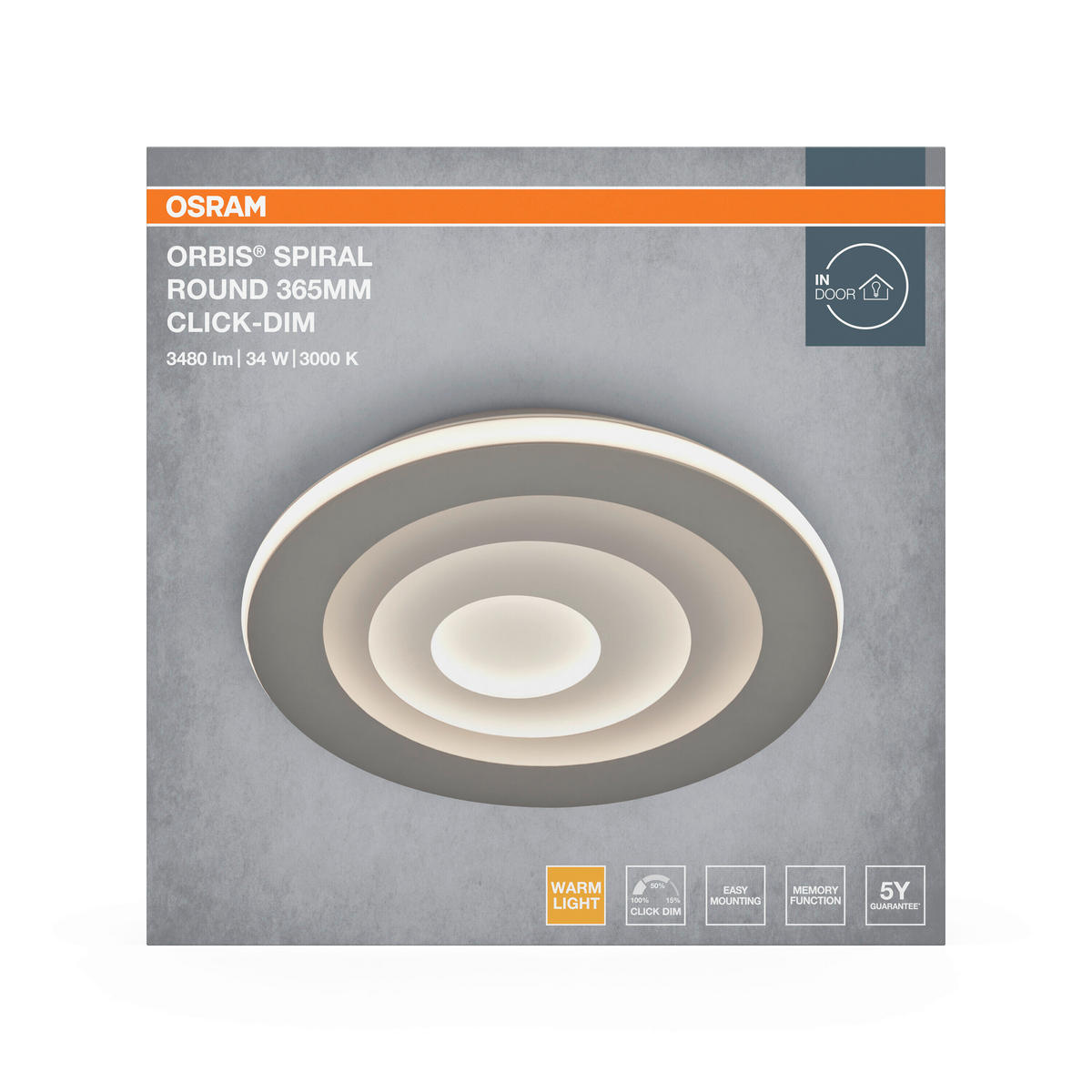 LED-DECKENLEUCHTE Orbis Spiral 36,5/5,6 cm   - Grau, Design, Kunststoff/Metall (36,5/5,6cm) - Osram
