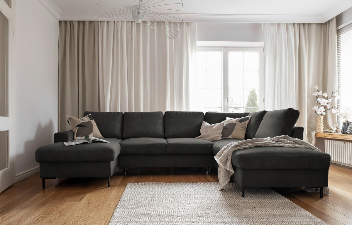 WOHNLANDSCHAFT Grau Cord  - Schwarz/Grau, Design, Textil/Metall (148/303/197cm) - MID.YOU