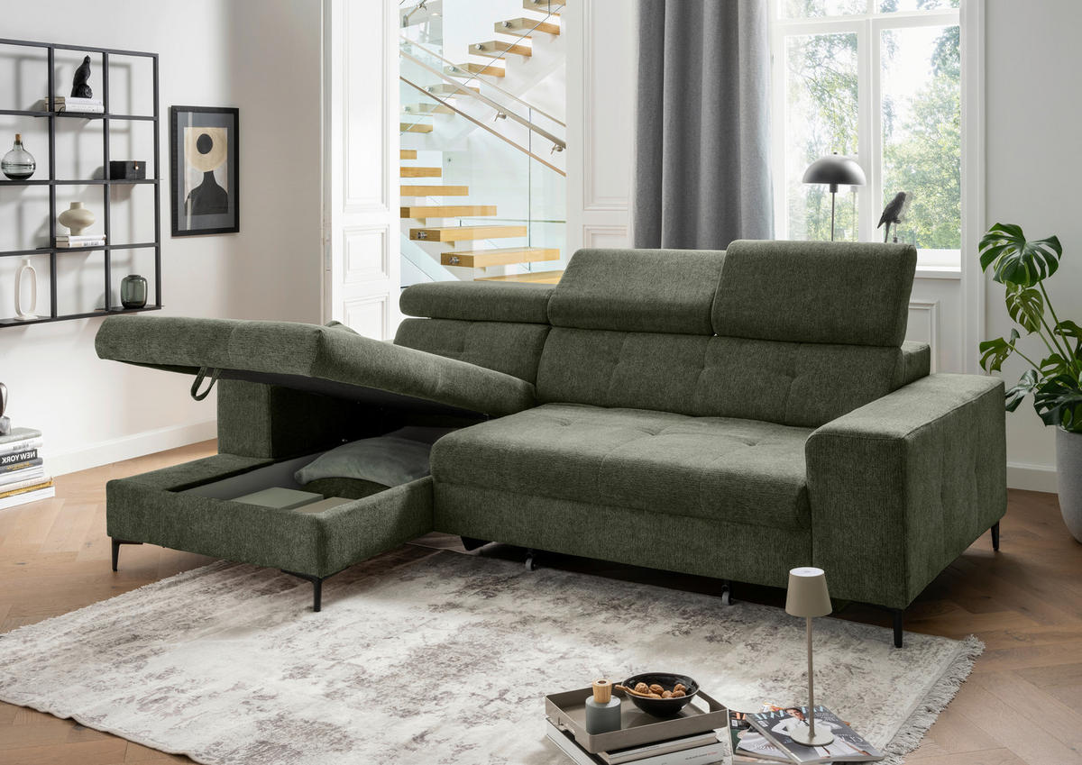 ECKSOFA Chenille Dunkelgrün  - Dunkelgrün/Schwarz, Basics, Textil/Metall (186/270cm) - Livetastic