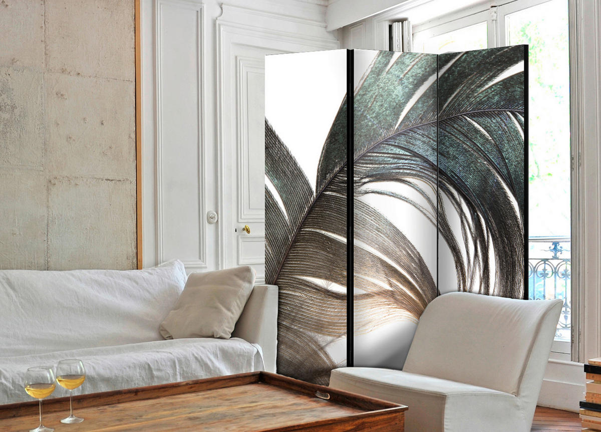PARAVENT mit 3  Flügel - Ecru/Mintgrün, Basics, Holz/Textil (135/172/3cm) - artgeist