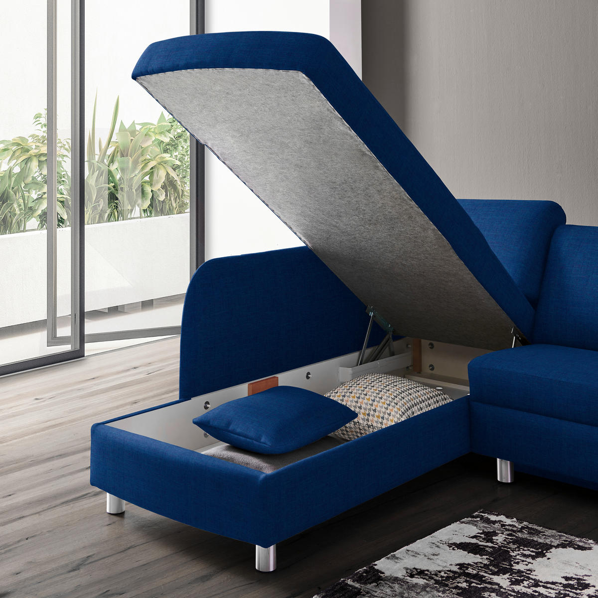 ECKSOFA in Chenille Dunkelblau  208/227 cm  - Alufarben/Dunkelblau, KONVENTIONELL, Textil/Metall (208/227cm) - Sedda