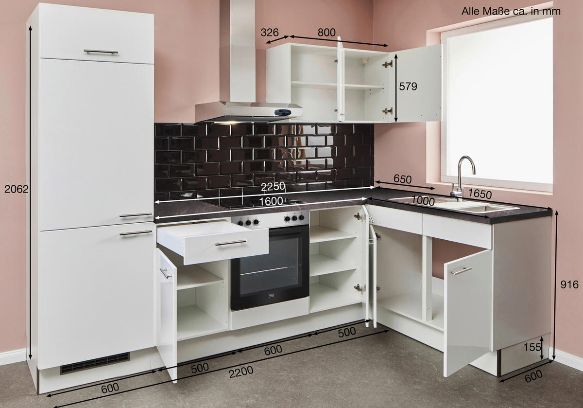 ECKKÜCHE 185/165 cm  in Grau, Weiß Hochglanz  - Edelstahlfarben/Weiß Hochglanz, Design, Holzwerkstoff/Metall (185/165cm) - Pino