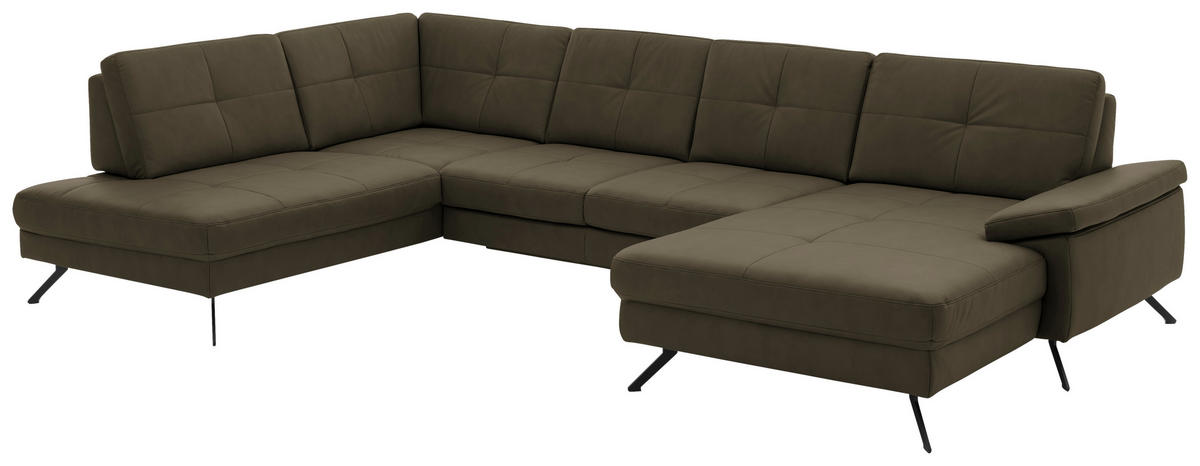 WOHNLANDSCHAFT in Lederlook, Mikrofaser Olivgrün  - Schwarz/Olivgrün, Design, Textil/Metall (220/345cm) - Beldomo System