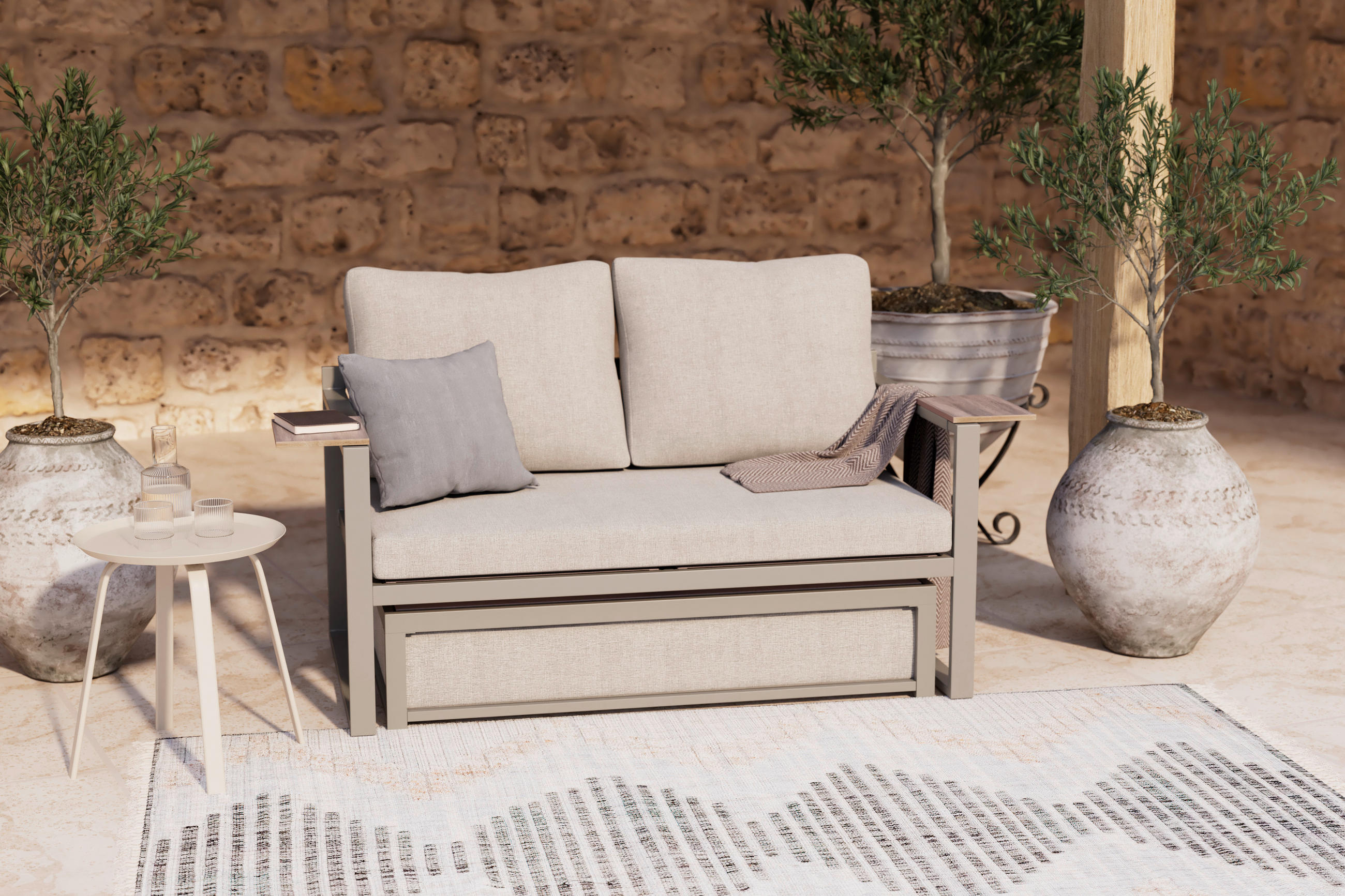 LOUNGEGARNITUR Stahl  - Dunkelgrau/Beige, MODERN, Kunststoff/Textil (155/65/74cm) - Ambia Garden