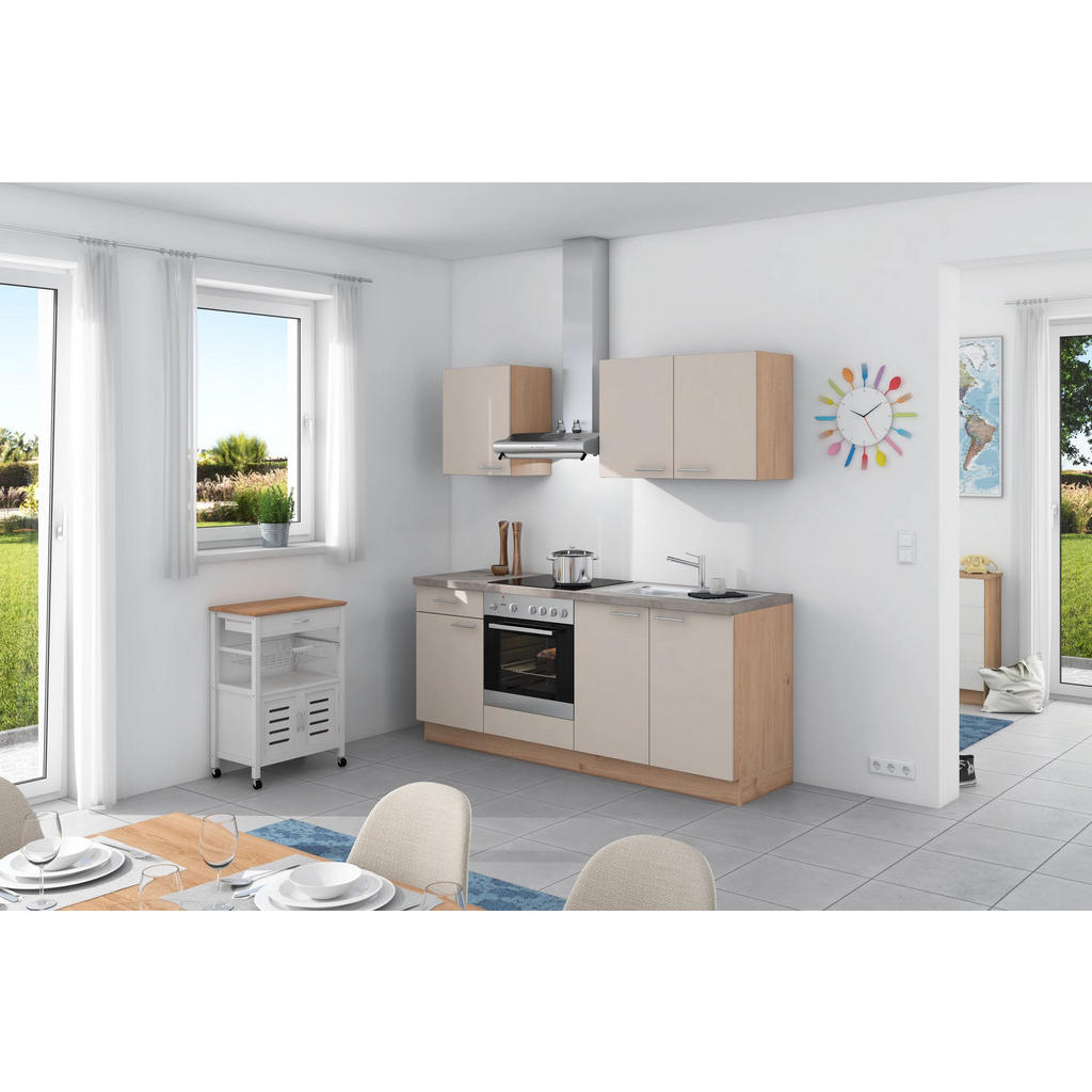 Küchenzeile Base ohne Geräte 200 cm Crema/Eiche/Beton Hell