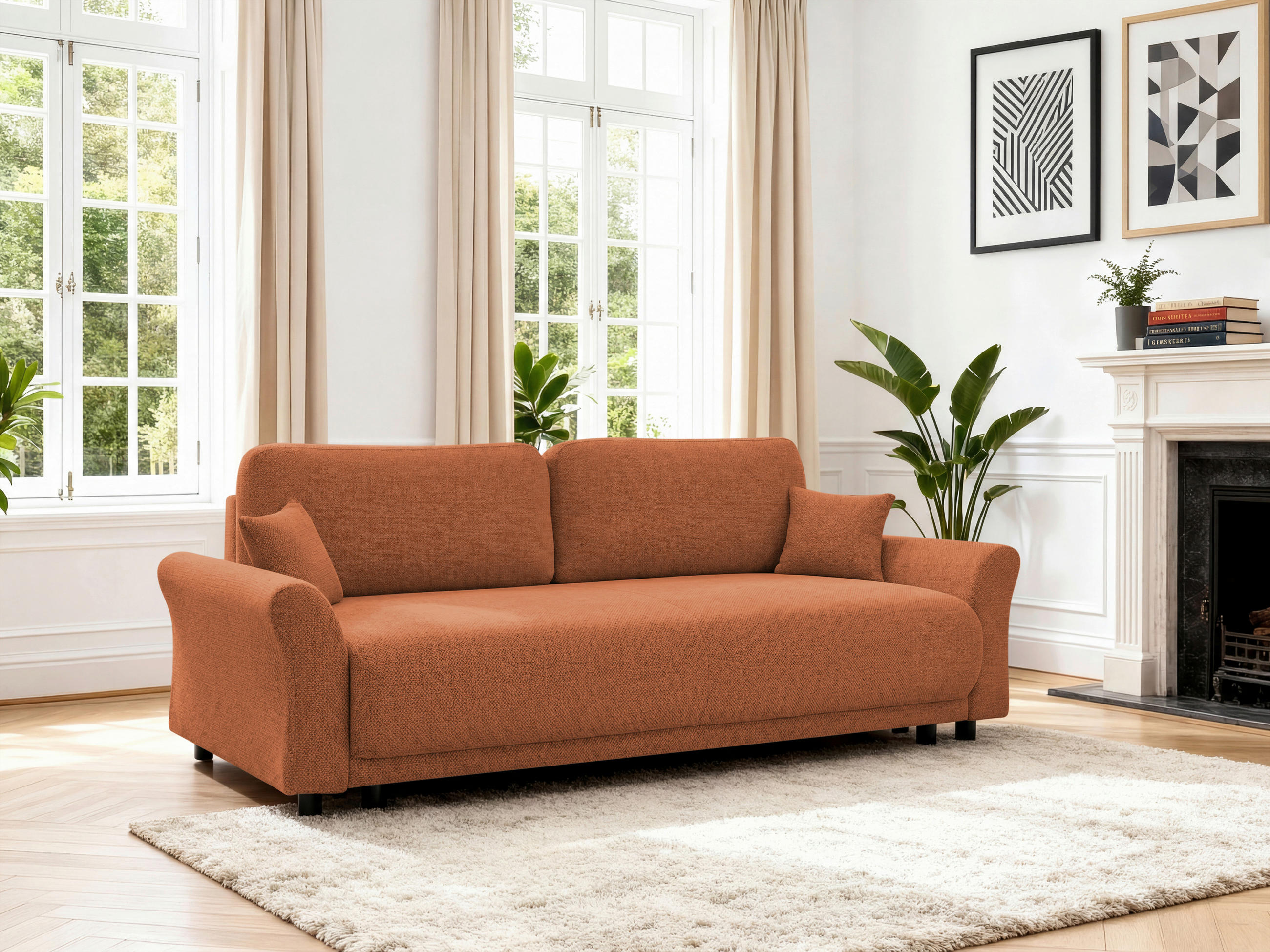 SCHLAFSOFA Flachgewebe, Struktur Rostfarben  inkl. Zierkissen, Rückenkissen, Bettkasten, Schlaffunktion, Rücken echt  - Rostfarben/Schwarz, Design, Textil (244/88/100cm) - P & B