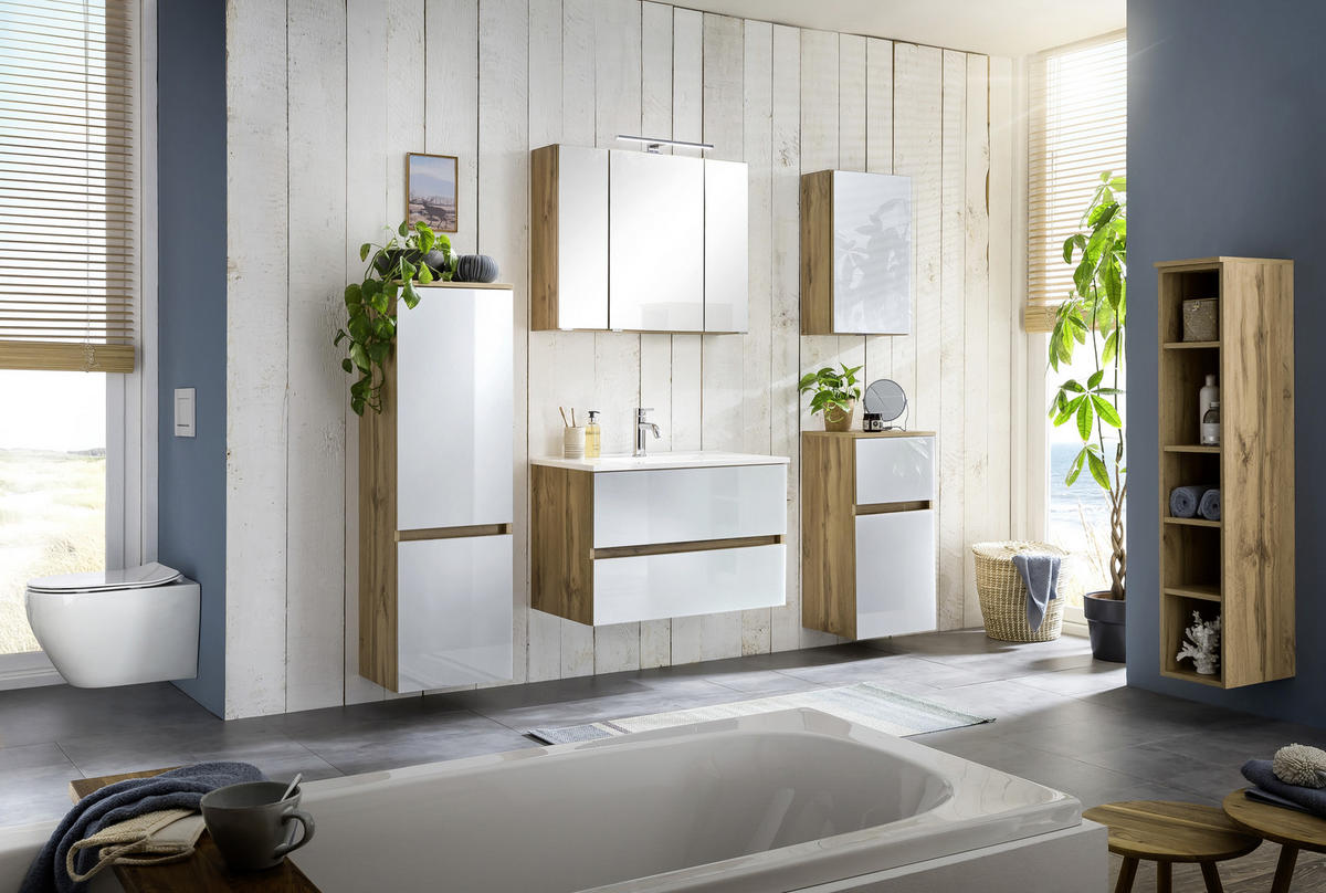 MIDISCHRANK 40/130/35 cm  - Weiss/Eichefarben, Konventionell, Glas/Holzwerkstoff (40/130/35cm) - Held