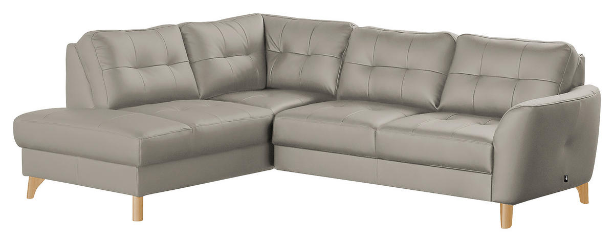 ECKSOFA in Lederlook Echtleder Platinfarben  - Platinfarben/Buchefarben, Design, Leder/Holz (190/236cm) - Livetastic