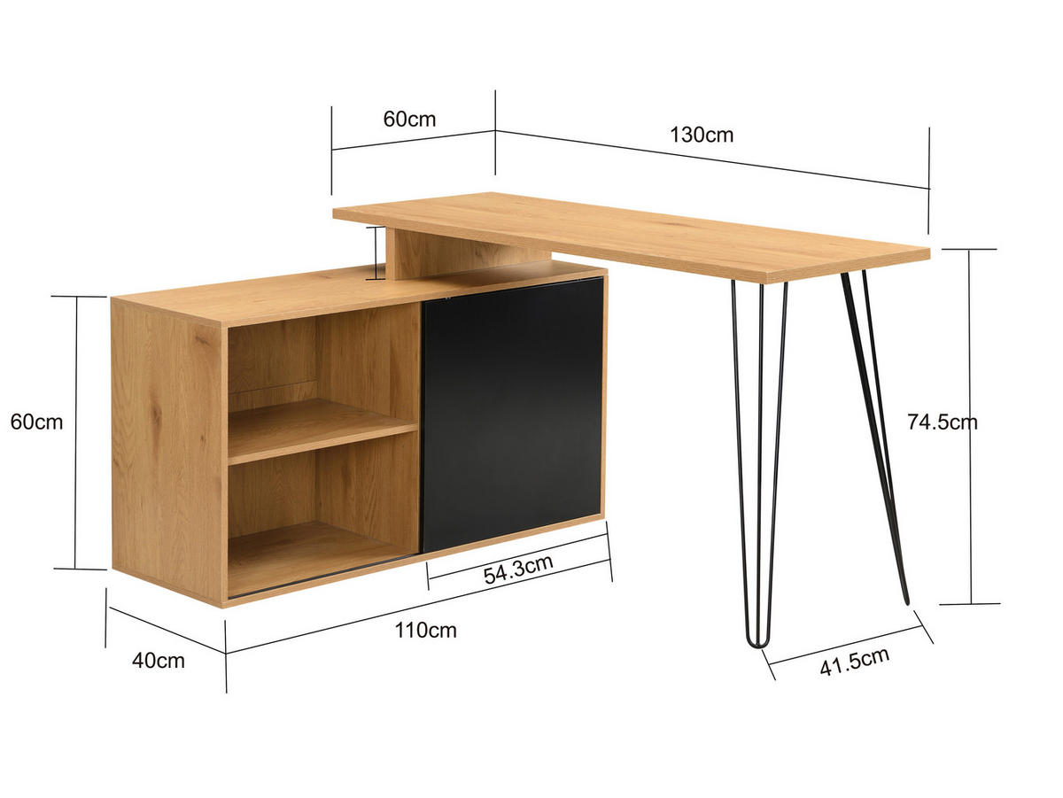 ECKSCHREIBTISCH 130/110/74,5 cm Braun Stauraum, Regal  - Schwarz/Braun, Design, Holzwerkstoff/Metall (130/110/74,5cm) - Livetastic