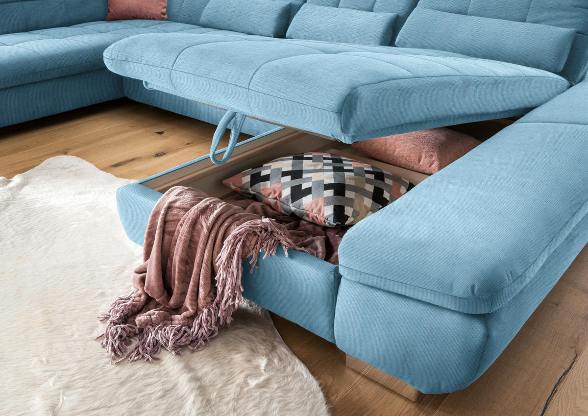 WOHNLANDSCHAFT in Mikrofaser Pastellblau  - Chromfarben/Pastellblau, Design, Kunststoff/Textil (211/350/204cm) - Xora