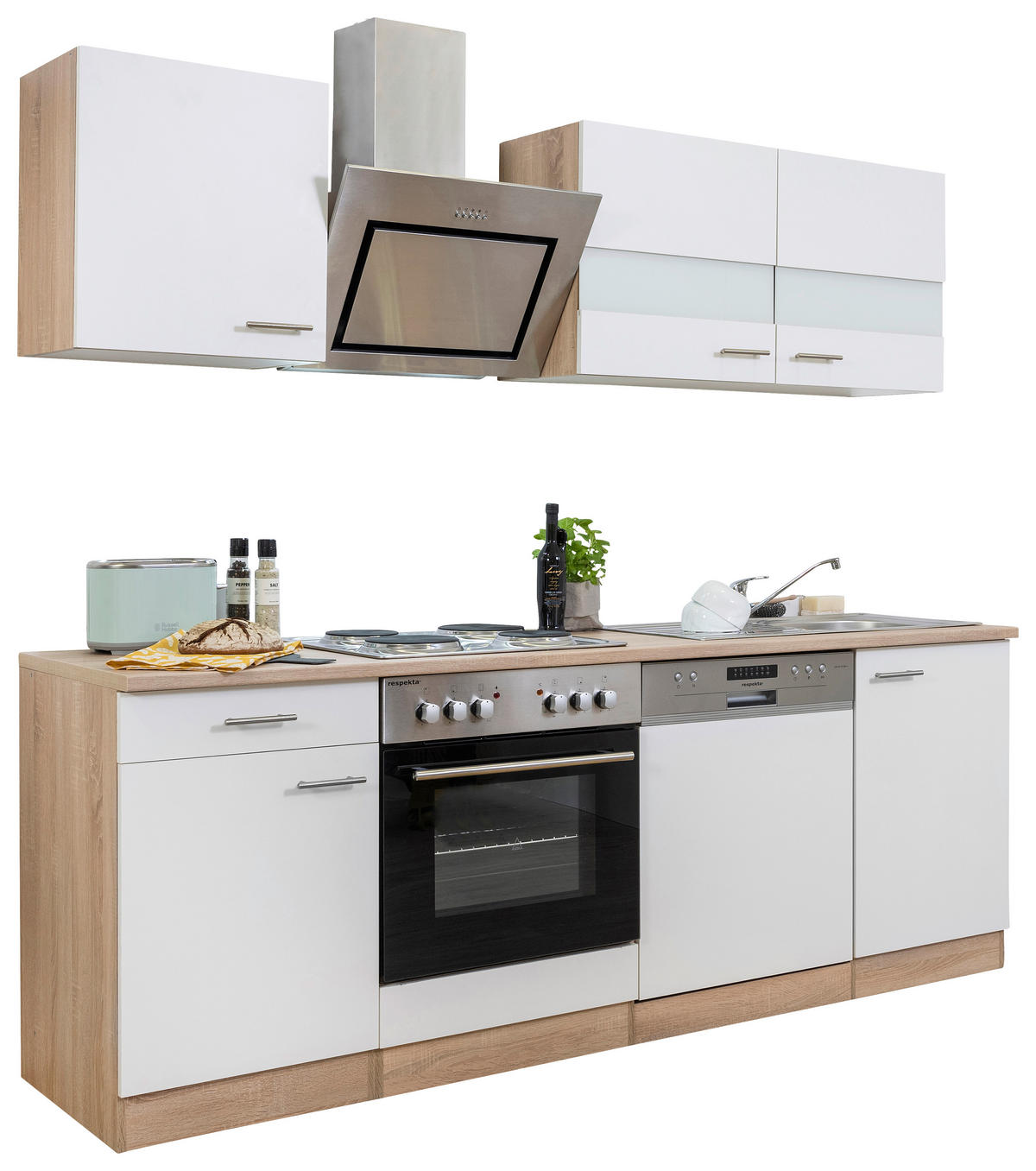KÜCHENBLOCK 220 cm   in Weiß  - Edelstahlfarben/Eichefarben, Basics, Holzwerkstoff/Metall (220cm) - Respekta