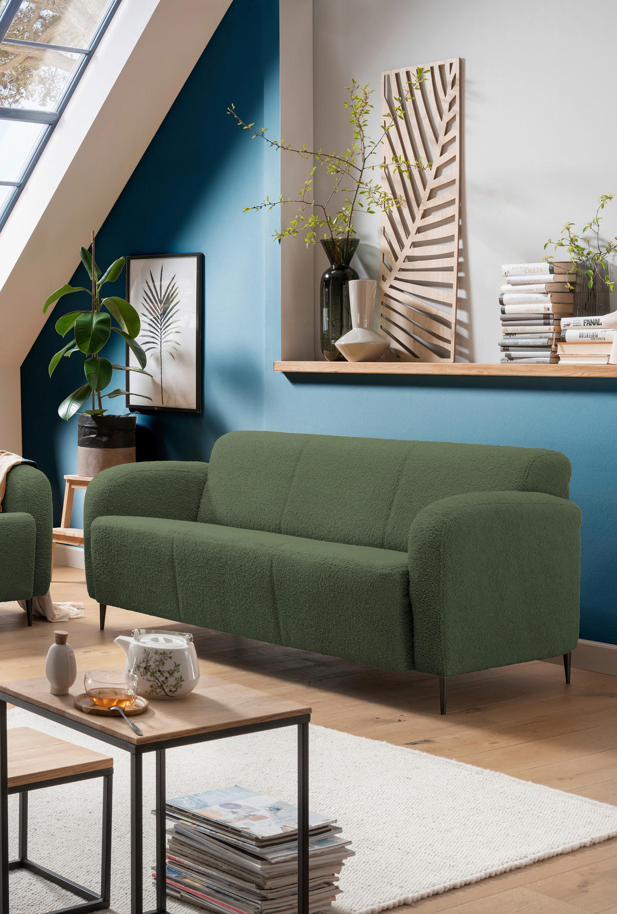 3-SITZER-SOFA Teddystoff Dunkelgrün  - Dunkelgrün/Schwarz, MODERN, Textil/Metall (180/76/90cm) - Livetastic