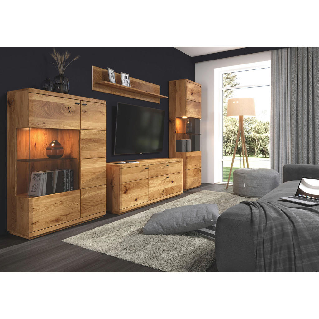 Thumbnail - Linea Natura Vitrine, Eiche, Holz, Glas, Eiche,Eiche,Eiche,Eiche, massiv, 3 Fächer, 65x205.8x38 cm, Typenauswahl, stehen...