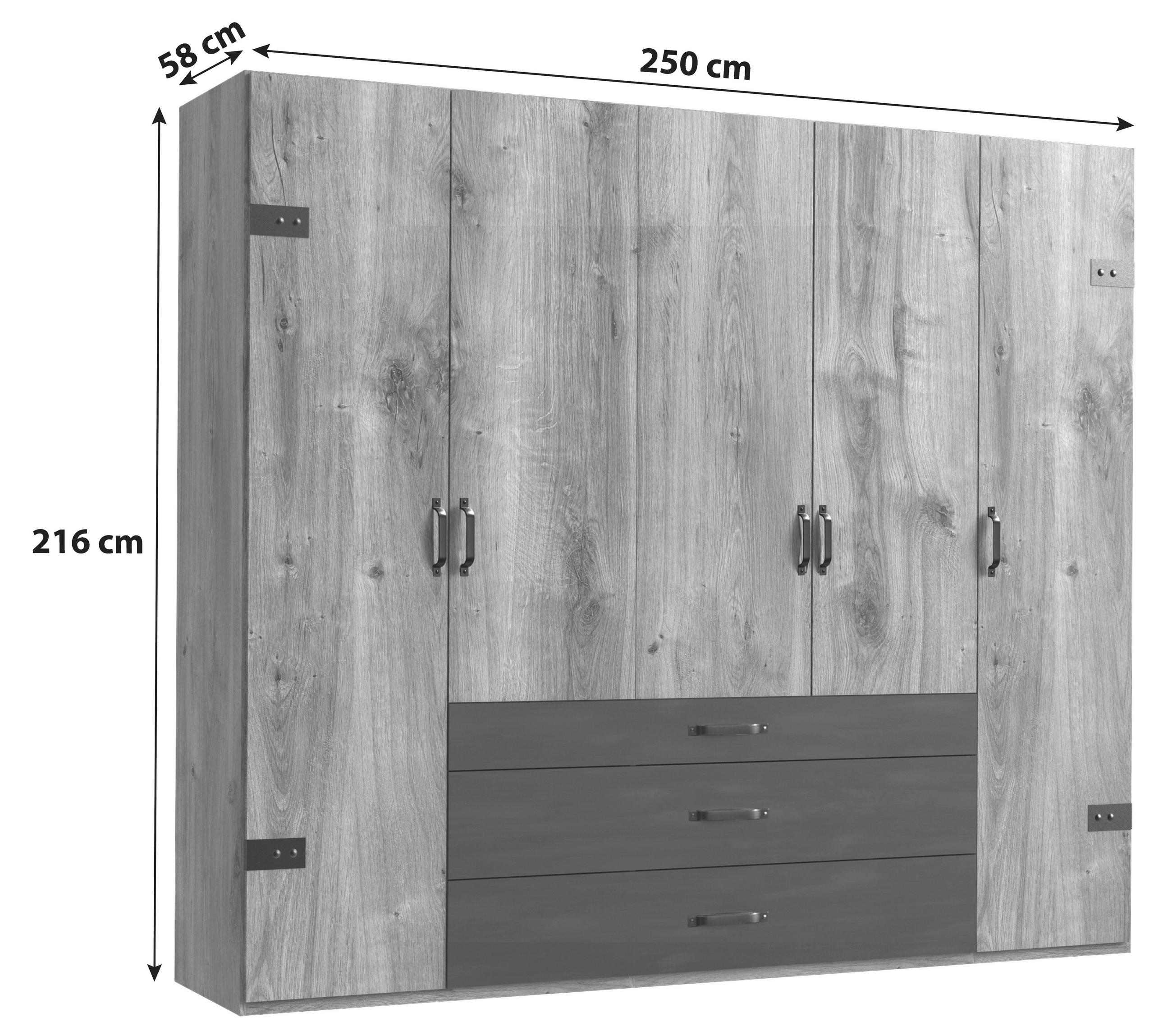 DREHTÜRENSCHRANK 5-türig Graphitfarben, Eichefarben  - Eichefarben/Graphitfarben, Basics, Holzwerkstoff/Metall (250/216/58cm) - MID.YOU