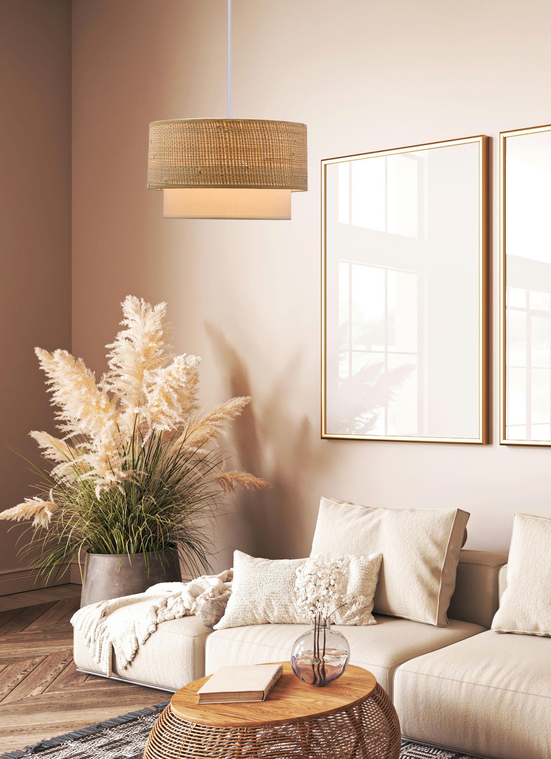 PENDELLEUCHTE Ritana 25/25/115 cm   - Beige/Weiß, Natur, Kunststoff/Metall (25/25/115cm)
