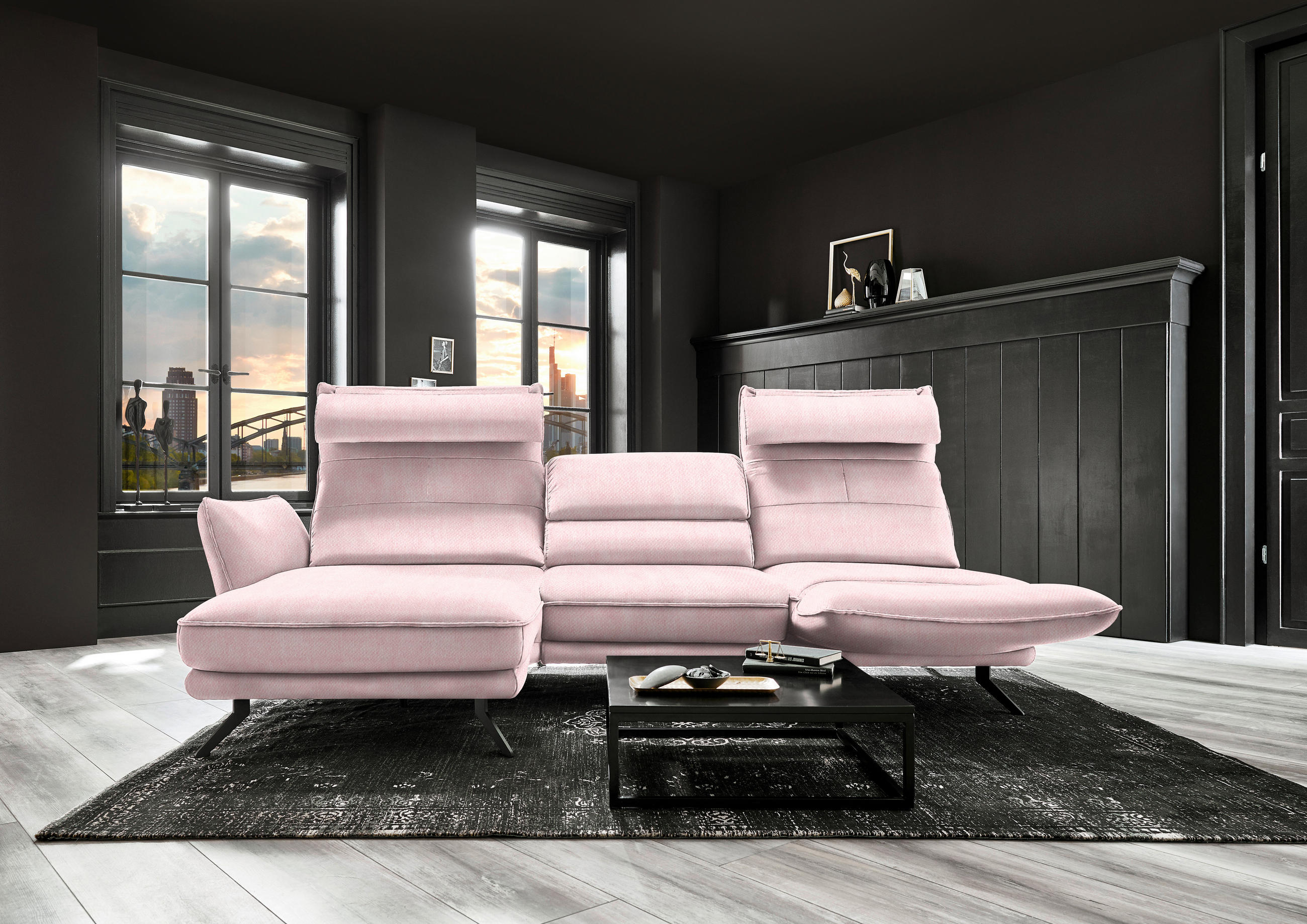 ECKSOFA in Velours Hellrosa  153/283 cm  - Hellrosa/Schwarz, Design, Textil/Metall (153/283cm) - Valdera