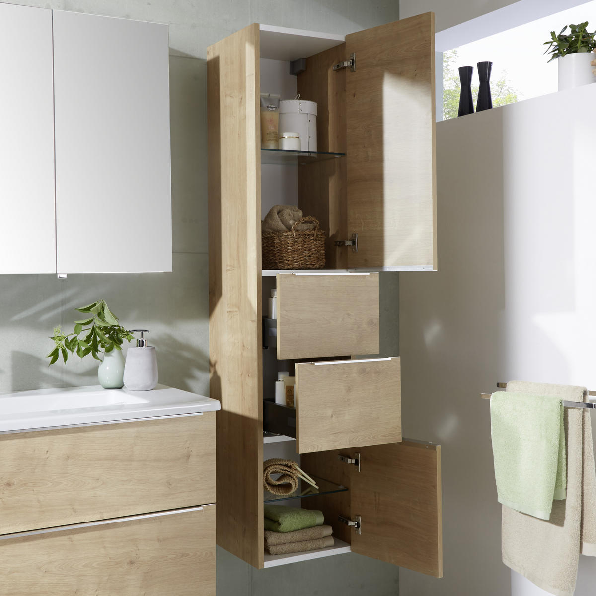 HOCHSCHRANK 35/162,5/37 cm  - Eichefarben/Alufarben, KONVENTIONELL, Glas/Holzwerkstoff (35/162,5/37cm) - Novel