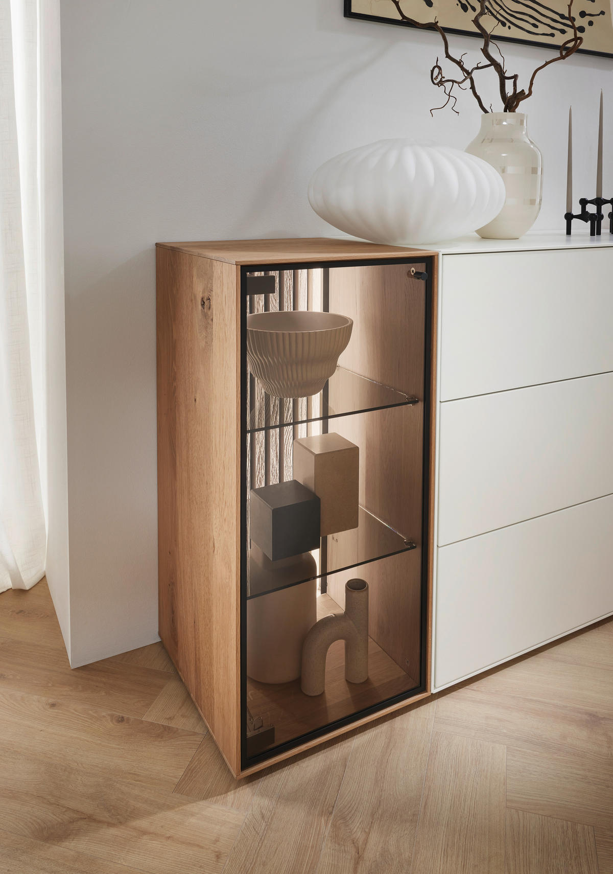 SIDEBOARD Weiss, Eichefarben  182/90/44 cm  - Weiss/Eichefarben, Design, Glas/Holz (182/90/44cm) - Johann Jakob