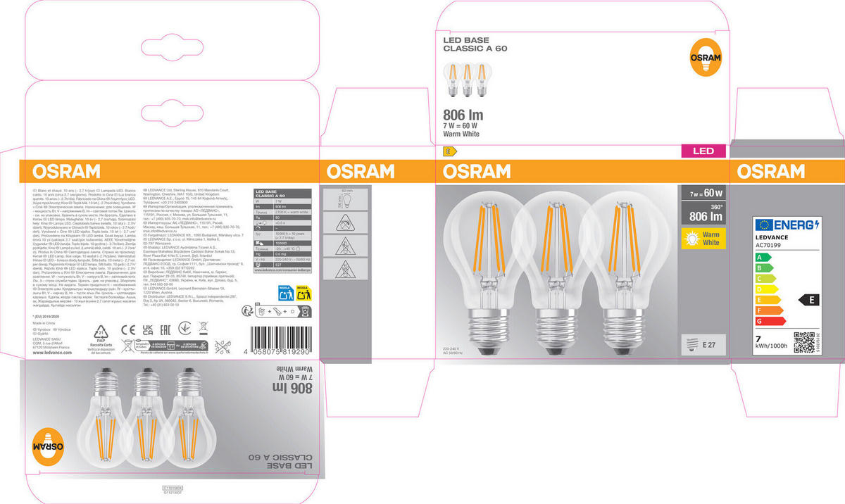 LED-FILAMENT-LEUCHTMITTEL   E27 7 W 806 lm  - Klar, Basics, Glas (6/10,5cm) - Osram