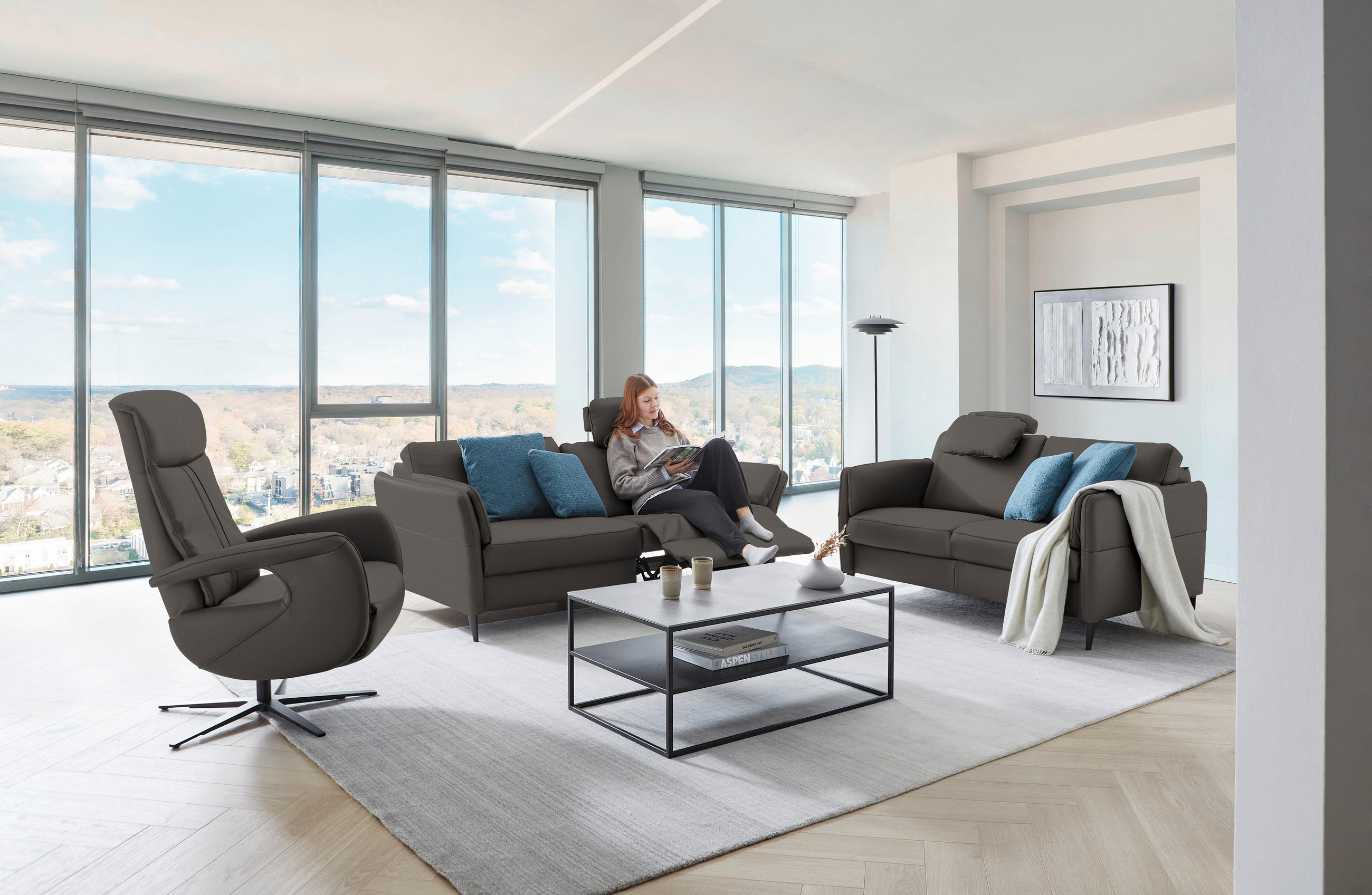 3-SITZER-SOFA in Leder Mokka - Schwarz/Mokka, Design, Leder/Metall (190/84/99cm) - Dieter Knoll