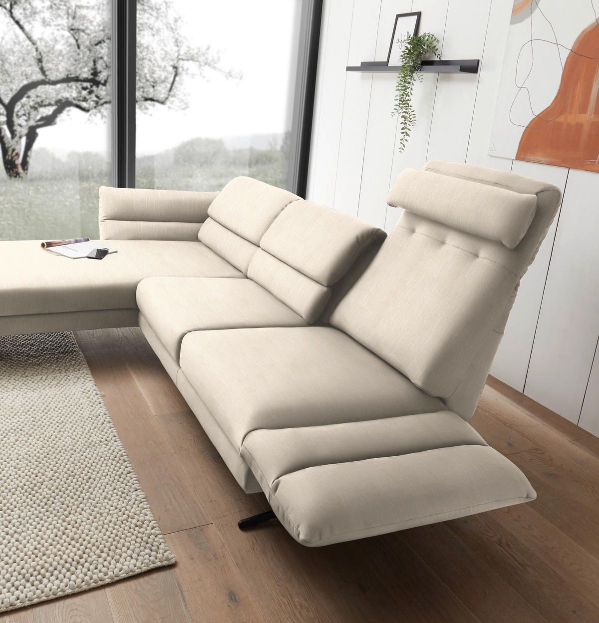 ECKSOFA in Flachgewebe Magnolie  - Magnolie/Schwarz, Design, Textil/Metall (176-217/279-327cm) - Dieter Knoll