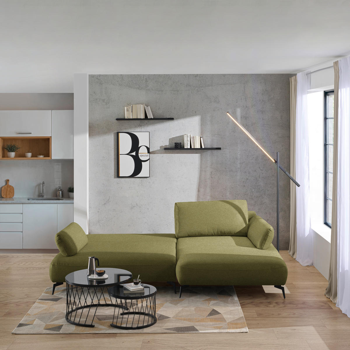 ECKSOFA Struktur Olivgrün  - Schwarz/Olivgrün, Design, Textil/Metall (284/186cm) - Lomoco