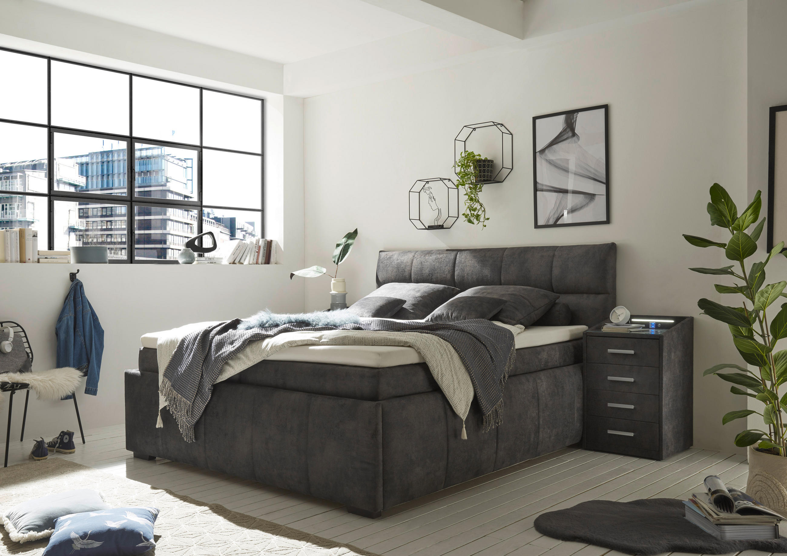 BOXBETT  in Dunkelgrau  - Dunkelgrau/Schwarz, KONVENTIONELL, Kunststoff/Textil (180/200cm) - Modante