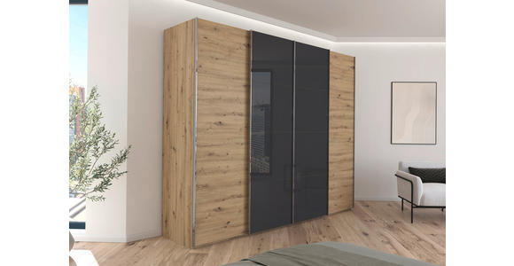 SCHWEBETÜRENSCHRANK 271/235/68 cm 4-türig Grau, Eiche Artisan  - Chromfarben/Eiche Artisan, KONVENTIONELL, Glas/Holzwerkstoff (271/235/68cm) - Novel