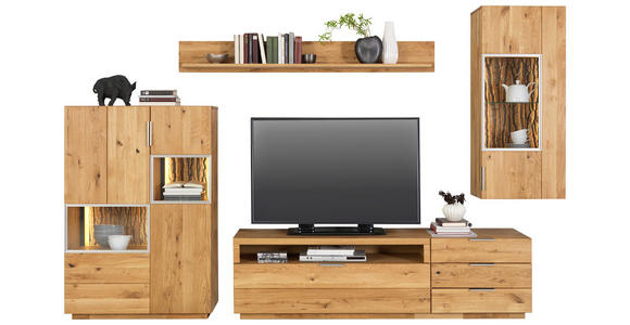 WOHNWAND 320/190/50 cm in Eichefarben - Eichefarben/Alufarben, KONVENTIONELL, Glas/Holz (320/190/50cm) - Cantus
