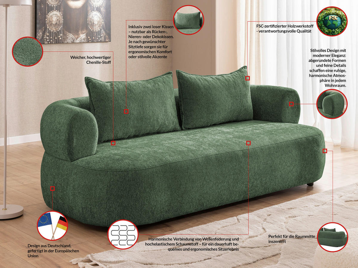3-SITZER-SOFA Chenille Grün  - Schwarz/Grün, Design, Kunststoff/Textil (200/76/96cm) - Livetastic