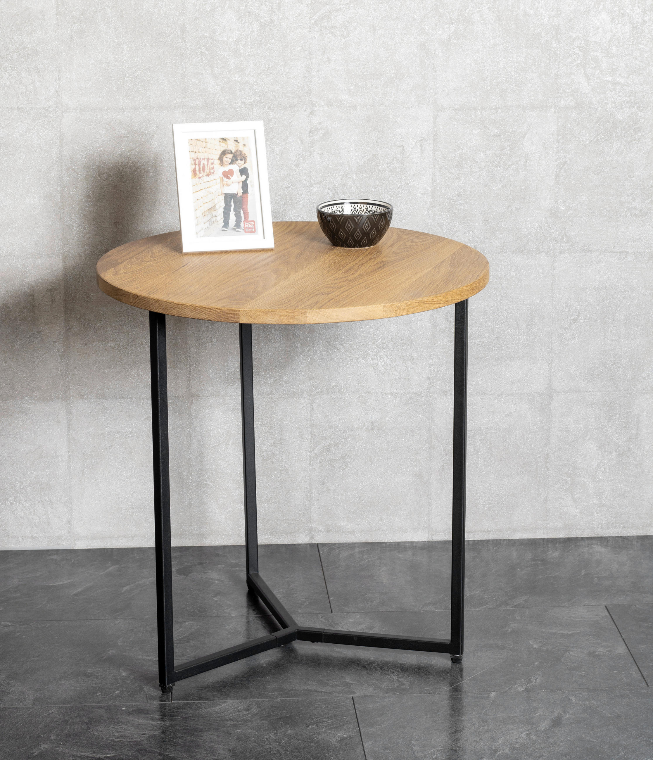 BEISTELLTISCH 50/50/52 cm Eiche massiv Schwarz, Eichefarben rund  - Eichefarben/Schwarz, Design, Holz/Metall (50/50/52cm)