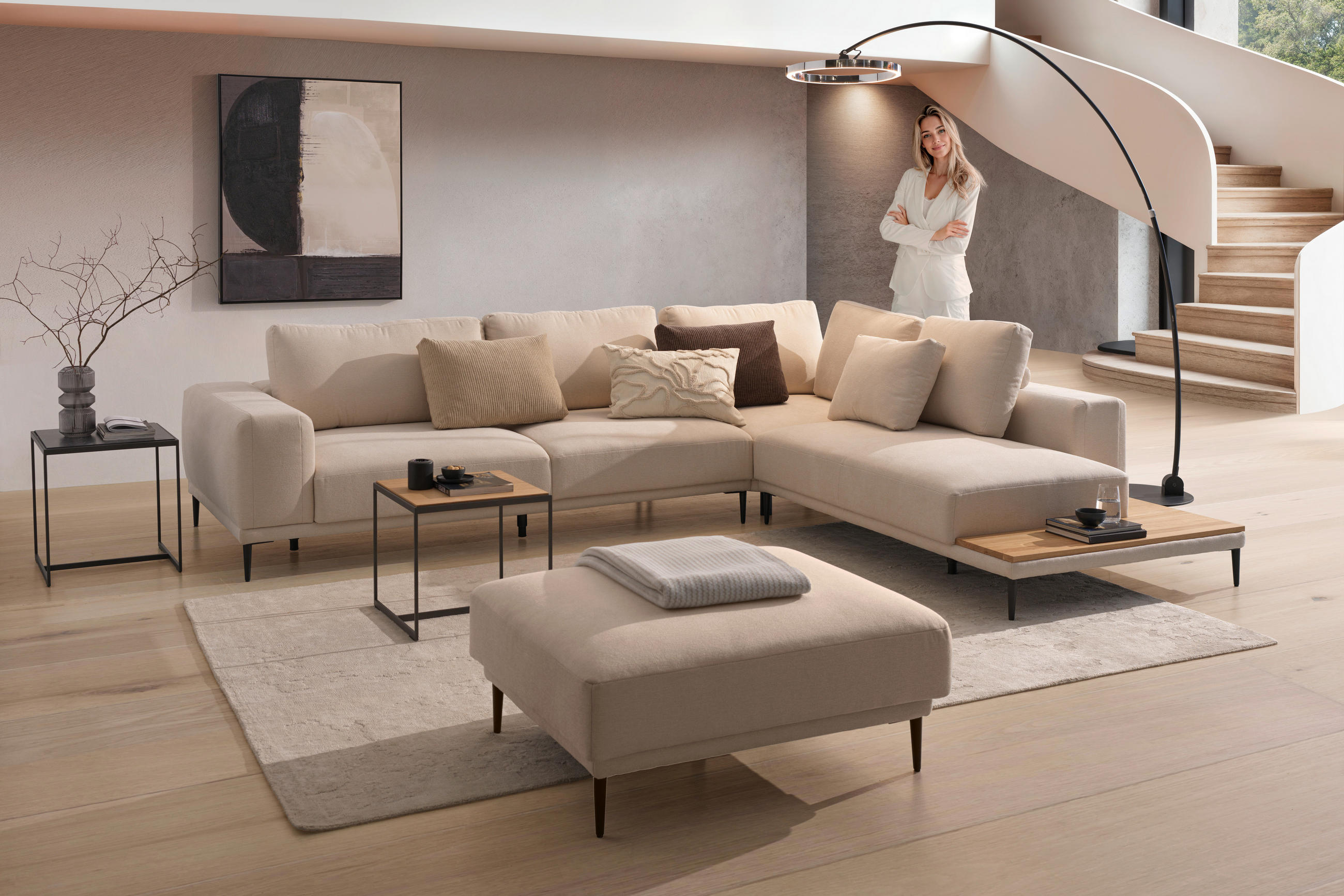 ECKSOFA Naturfarben Leinwand  - Schwarz/Naturfarben, Design, Textil/Metall (318/271cm) - Emilio Belluti
