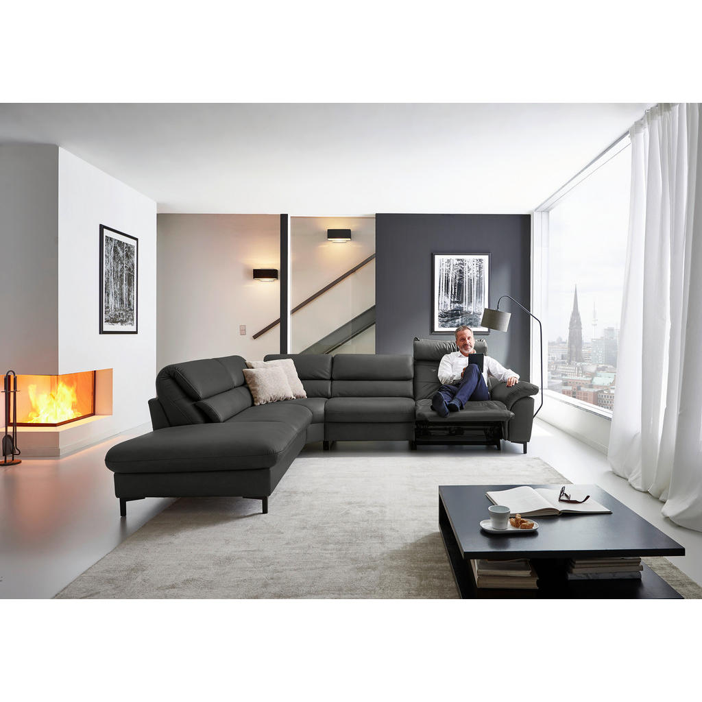 Thumbnail - Hukla Ecksofa Valdera, Schwarz, Leder, Echtleder, Semi-Anilinleder, 3-Sitzer, Ottomane links, Eckteil, L-Form, 280x246 c...