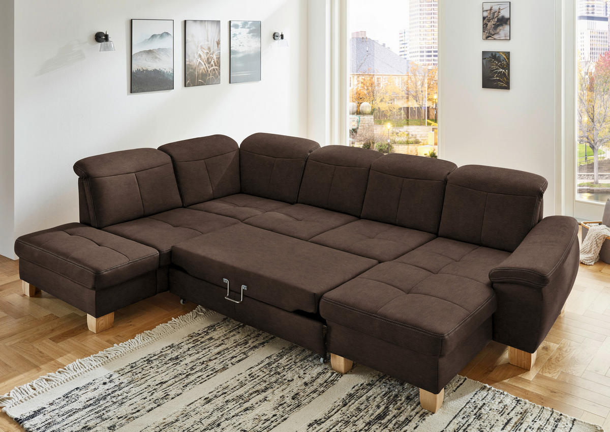 WOHNLANDSCHAFT in Mikrofaser Braun  - Wildeiche/Beige, KONVENTIONELL, Holz/Textil (243/343/185cm) - Voleo