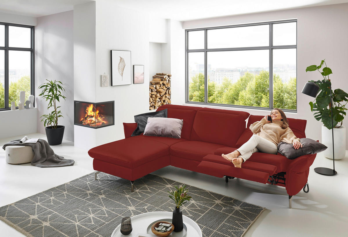 ECKSOFA Rot Lederlook (vegan)  - Rot/Nickelfarben, MODERN, Textil/Metall (179/233cm) - Livetastic