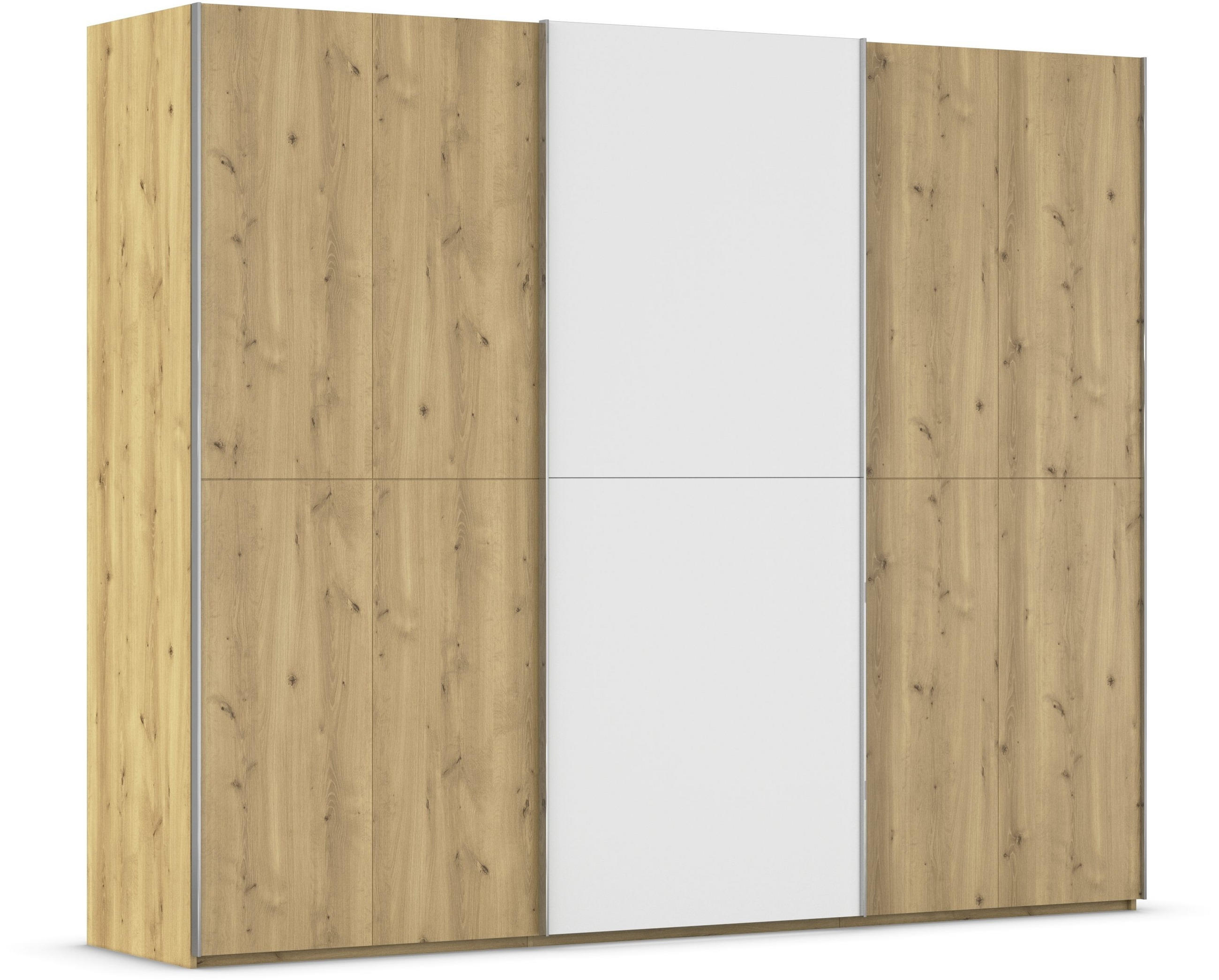 SCHWEBETÜRENSCHRANK 270/223/68 cm 3-türig Weiß, Eichefarben, Chromfarben  - Chromfarben/Eichefarben, Design, Glas/Holz (270/223/68cm) - Novel